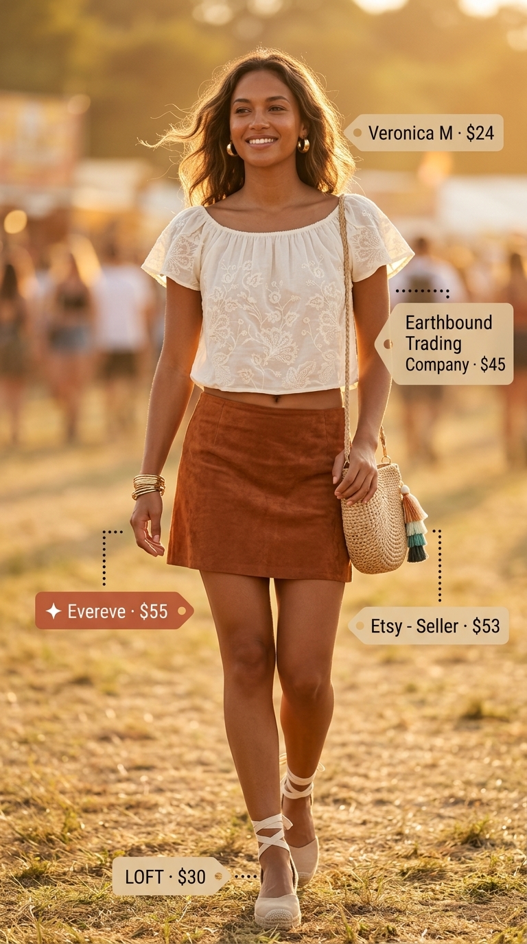 Boho Sunset Wanderer Mini Skirt Outfits Summer 2026 Rust faux suede mini skirt outfit for summer 2026 with peasant blouse and straw bag. Mini skirt outfits summer 2026.