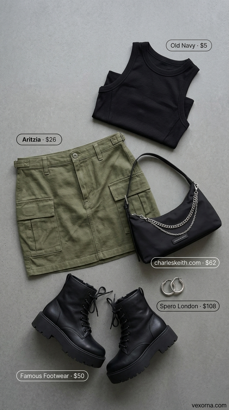 Edgy Mini Skirt Outfits Summer 2026: Urban Cool Edgy mini skirt outfits summer 2026: Olive cargo skirt, black crop top, combat boots for urban edge.