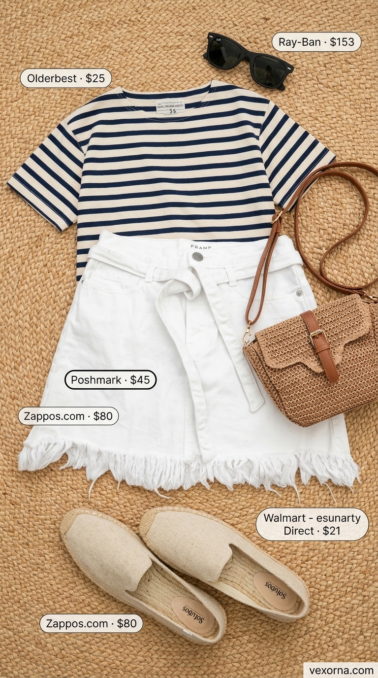 Coastal Mini Skirt Outfits Summer 2026: Brunch Ready Nautical mini skirt outfits summer 2026: White denim skirt, striped top, espadrilles for coastal brunch.