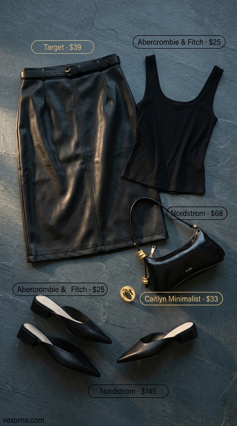 Edgy Mini Skirt Outfits Summer 2026 Emerald City Nights mini skirt outfits summer 2026: Emerald faux leather skirt, black tank, pointed mules, statement ring.
