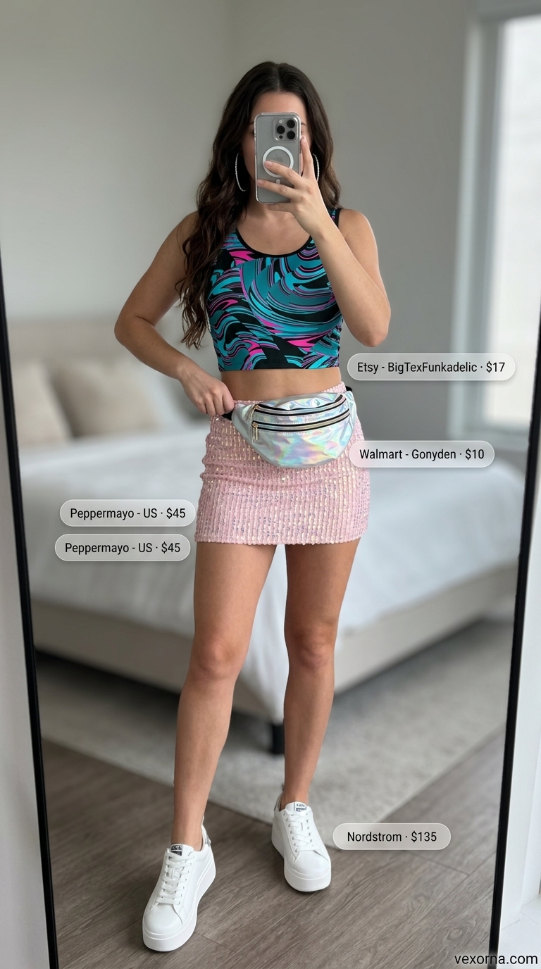 Festival Glitterbomb Mini Skirt Outfits Summer 2026 Hot pink sequin mini skirt outfit for summer 2026 with graphic tee and platform sneakers. Mini skirt outfits summer 2026.