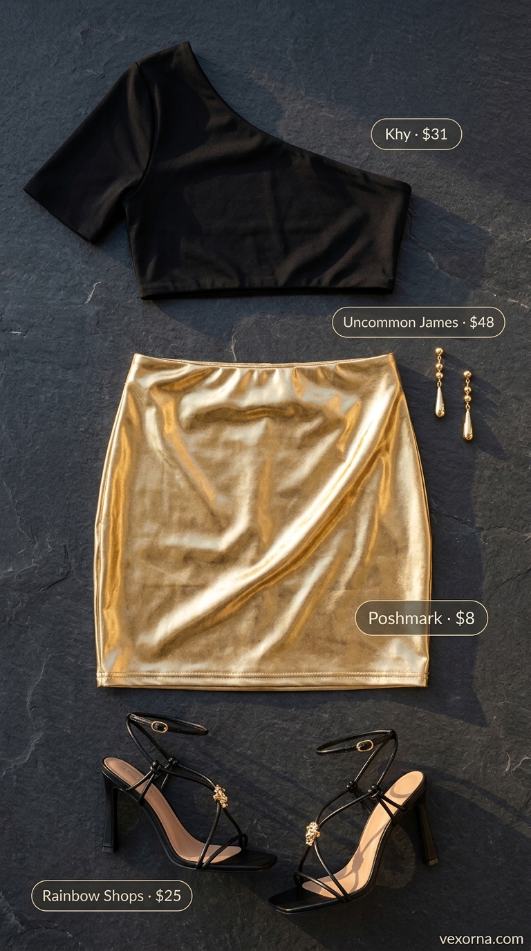 Glamorous Mini Skirt Outfits Summer 2026: Golden Hour Glamorous mini skirt outfits summer 2026: Liquid gold skirt, black top, strappy heels for date night.