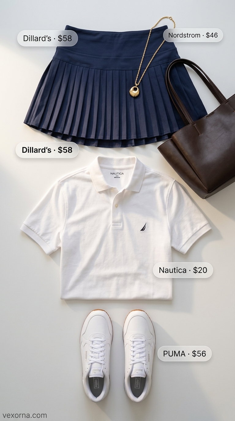 Preppy Mini Skirt Outfits Summer 2026: Sporty Day Preppy mini skirt outfits summer 2026: Navy pleated tennis skirt, white polo, sneakers for sporty casual.