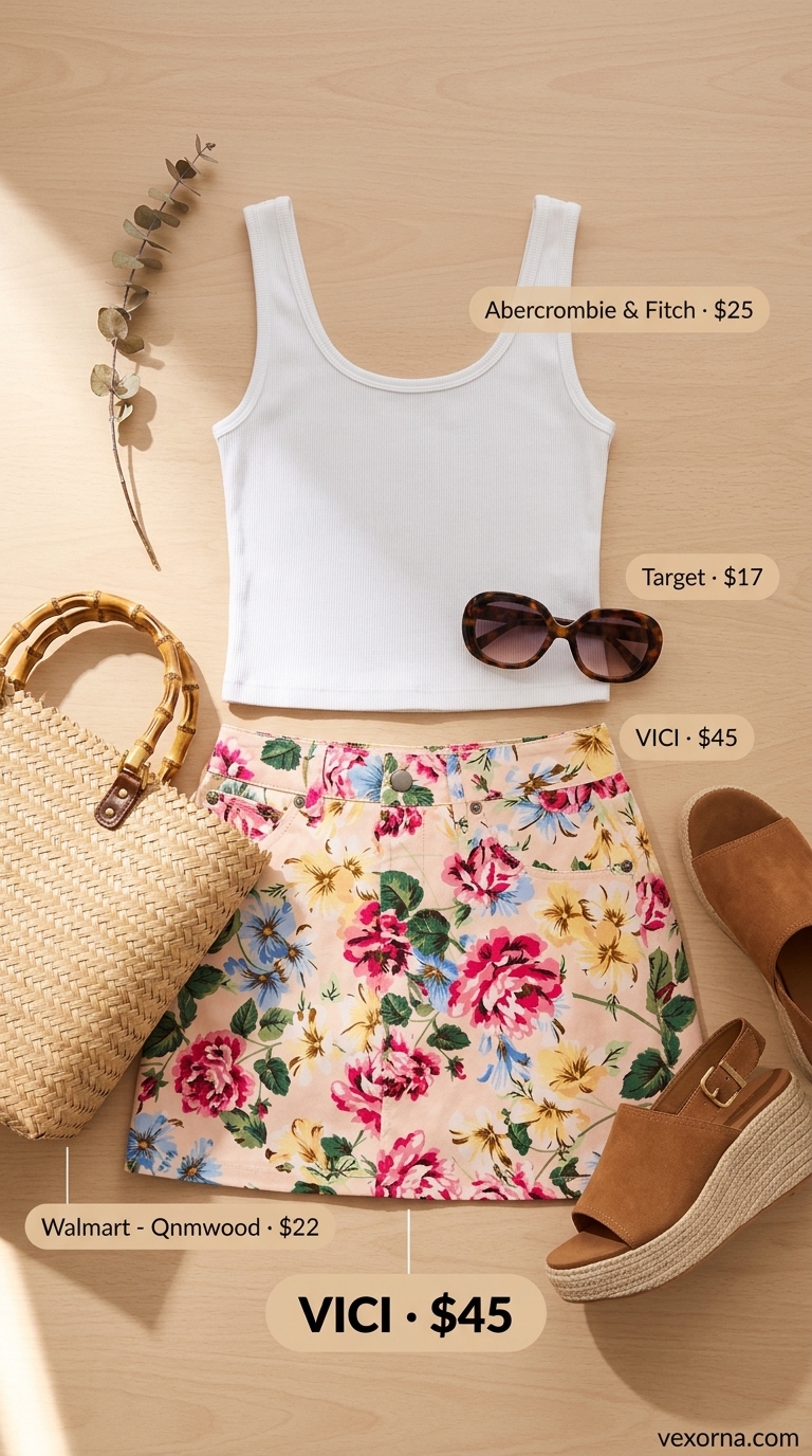 Retro Mini Skirt Outfits Summer 2026: Floral Fun Retro mini skirt outfits summer 2026: Floral skirt, white tank, tan espadrilles for a playful daytime look.