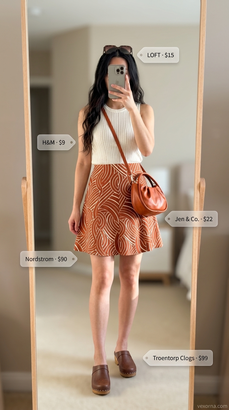 Retro Roller Rink Mini Skirt Outfits Summer 2026 Retro geometric print mini skirt outfit for summer 2026 with cream tank and platform clogs. Mini skirt outfits summer 2026.