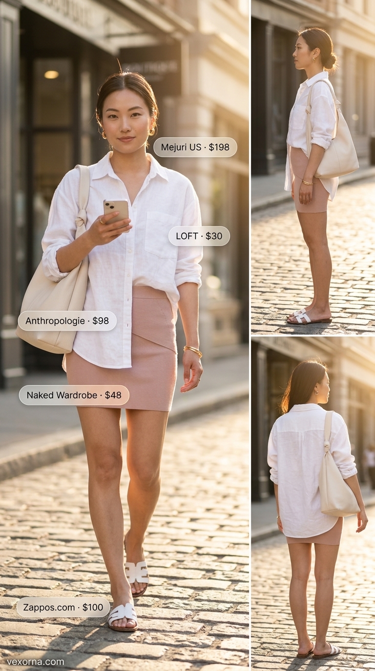Effortless Mini Skirt Outfits Summer 2026: Minimalist Vibe Minimalist mini skirt outfits summer 2026: Greige ribbed skirt, white shirt, sandals for effortless style.