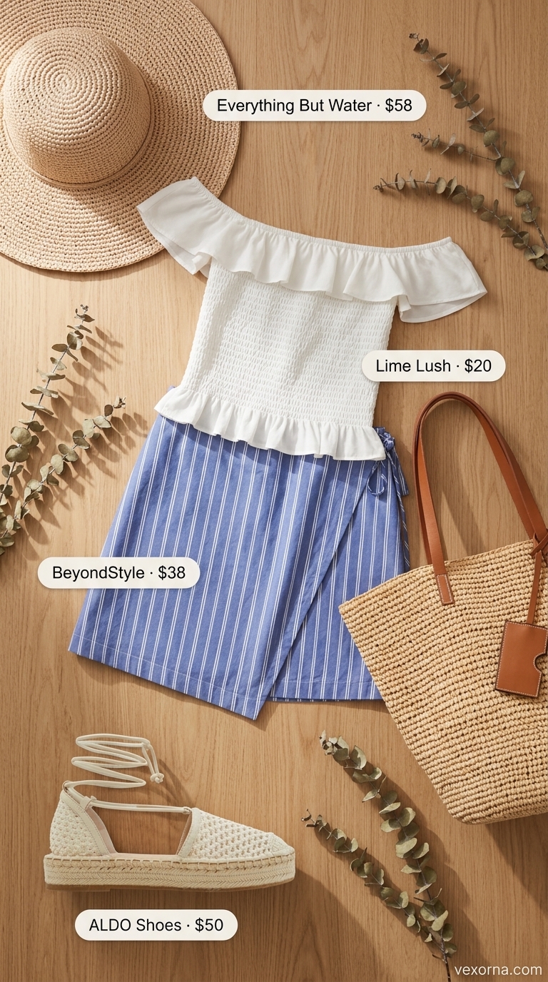 Vacation Mini Skirt Outfits Summer 2026 Riviera Daydream mini skirt outfits summer 2026: Blue striped wrap skirt, white off-shoulder top, straw hat, espadrilles.