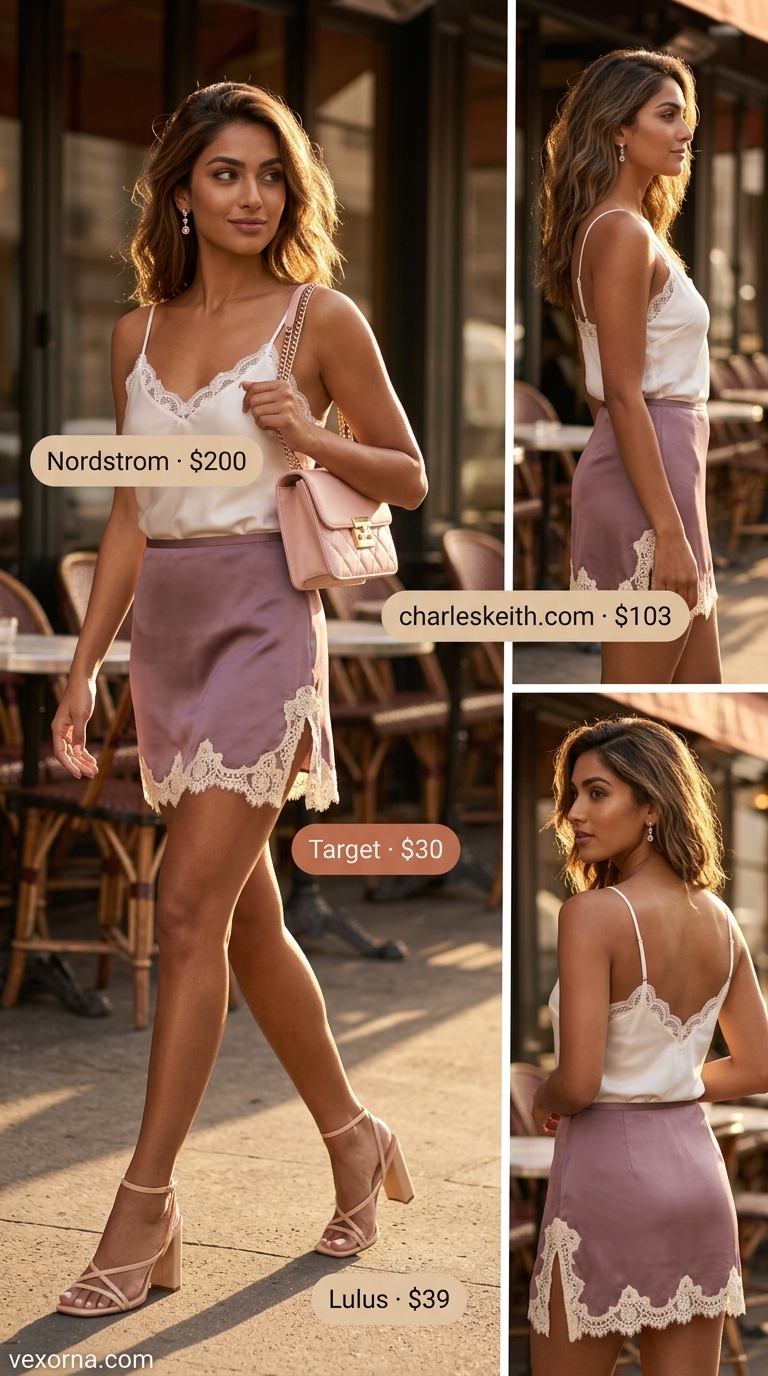 Date Night Mini Skirt Outfits Summer 2026 Romantic Sunset Date mini skirt outfits summer 2026: Blush pink satin skirt, ivory cami, rose gold earrings.