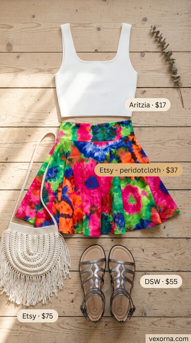 Summer Festival Spirit mini skirt outfits summer 2026: Tie-dye skirt, white crop top, gladiator sandals, crossbody bag.