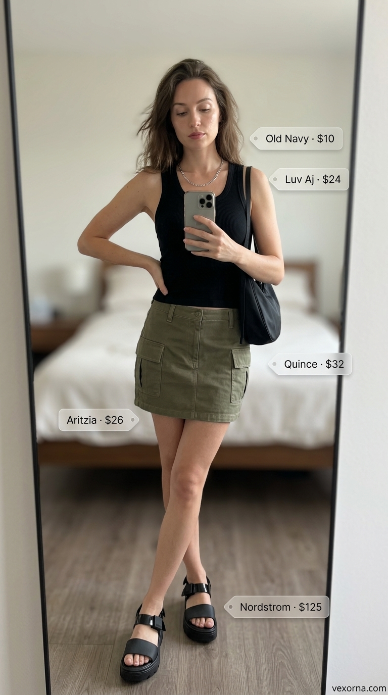 Urban Explorer Mini Skirt Outfits Summer 2026 Olive green cargo mini skirt outfit for urban exploration with black tank and chunky sandals. Mini skirt outfits summer 2026.