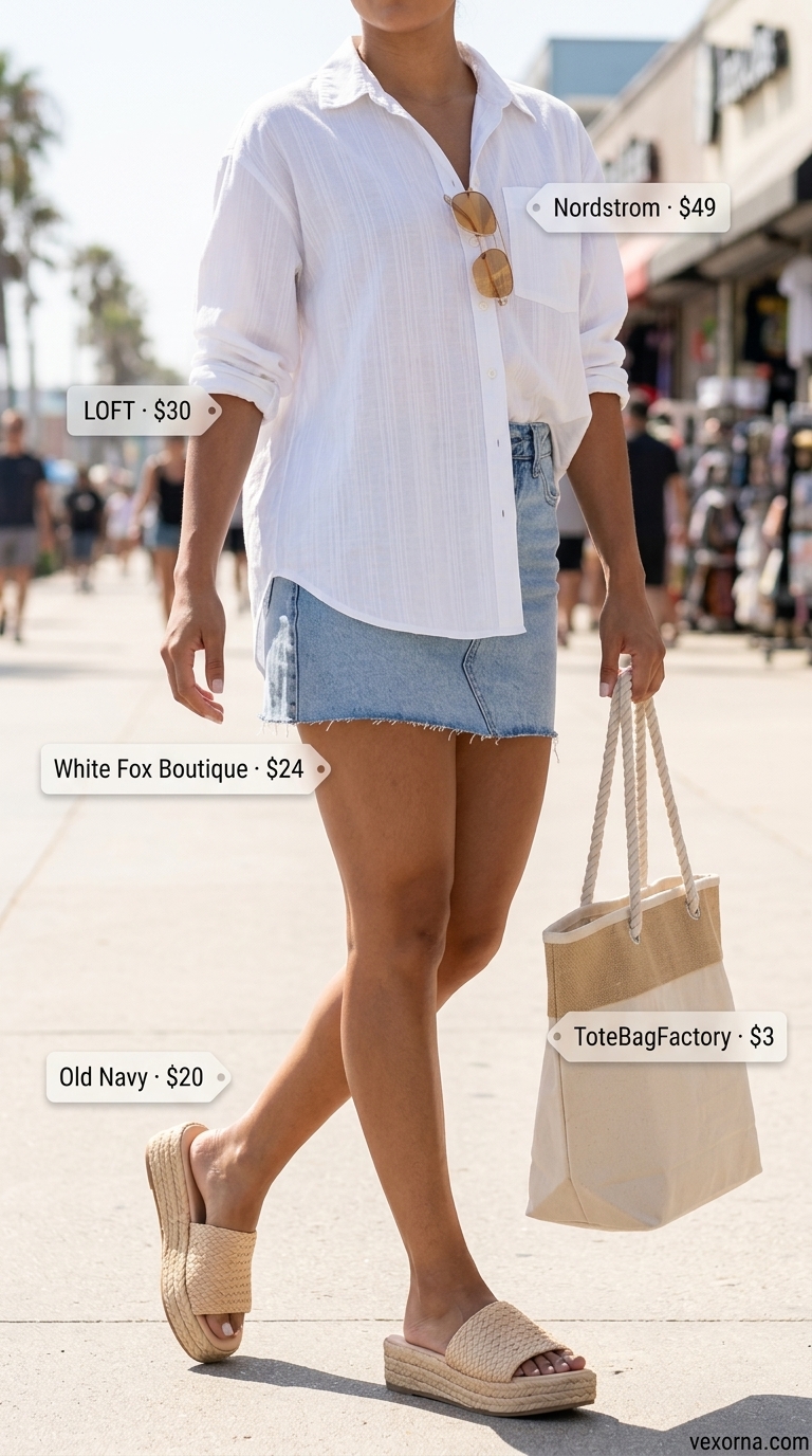 Weekend Getaway Mini Skirt Outfits Summer 2026 Light wash denim mini skirt outfit for summer 2026 with white linen shirt and espadrilles. Mini skirt outfits summer 2026.