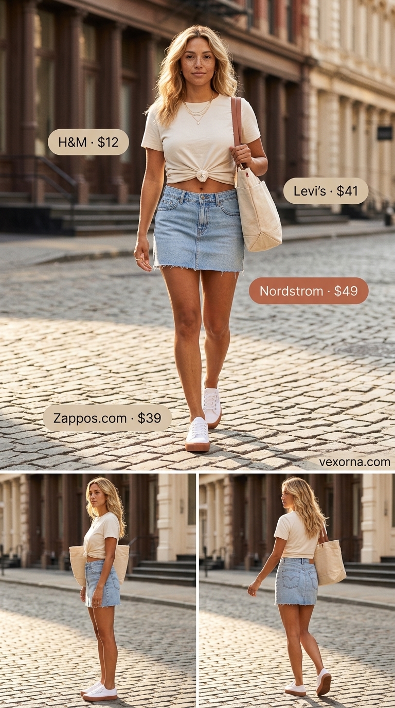 Casual Mini Skirt Outfits Summer 2026 Weekend Wanderer mini skirt outfits summer 2026: Light denim skirt, white graphic tee, sneakers, tote bag.