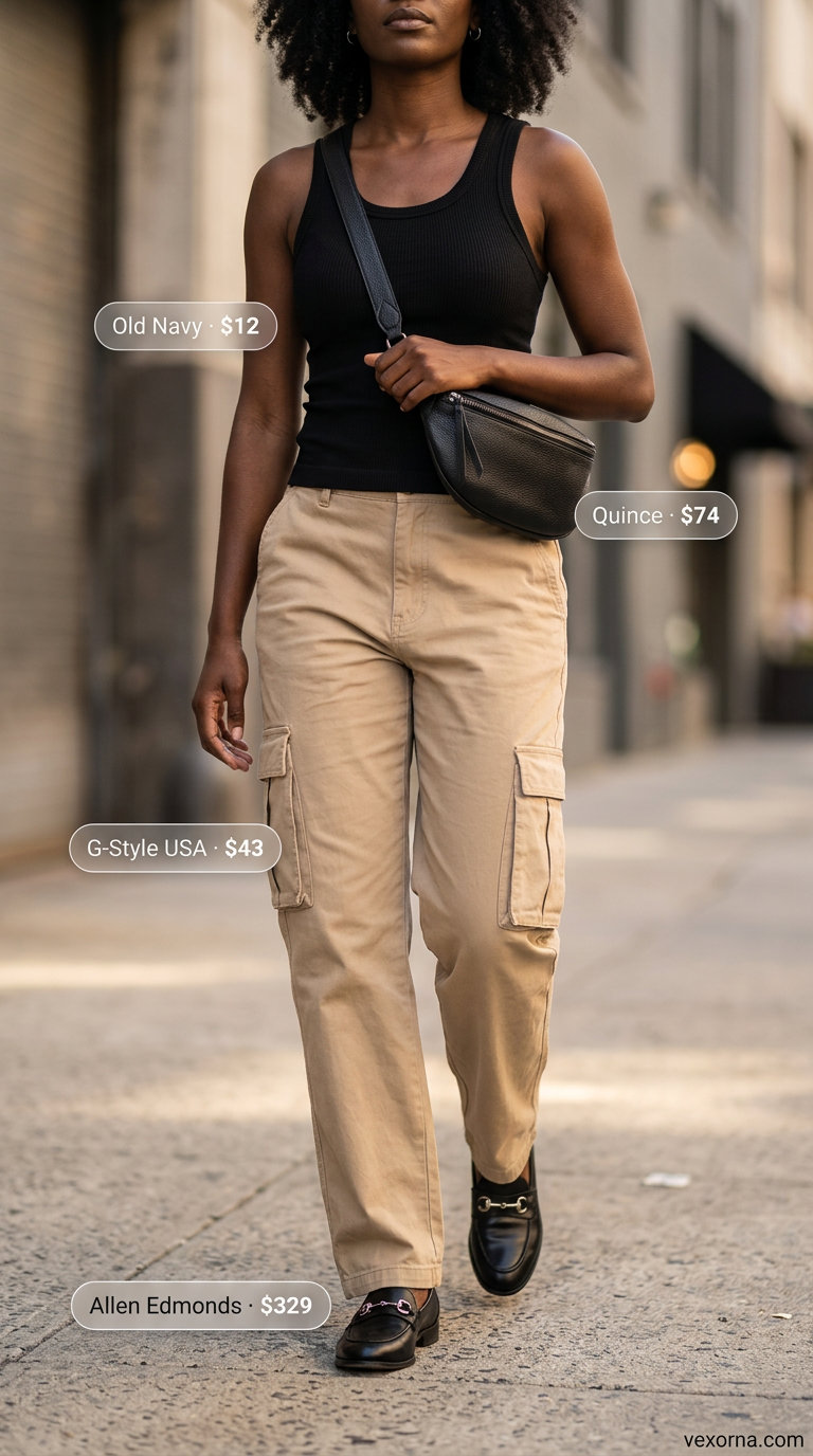 Minimal hot weather summer outfits for women 2026: Beige cargo pants, black tank, belt bag & loafers for edgy comfort.