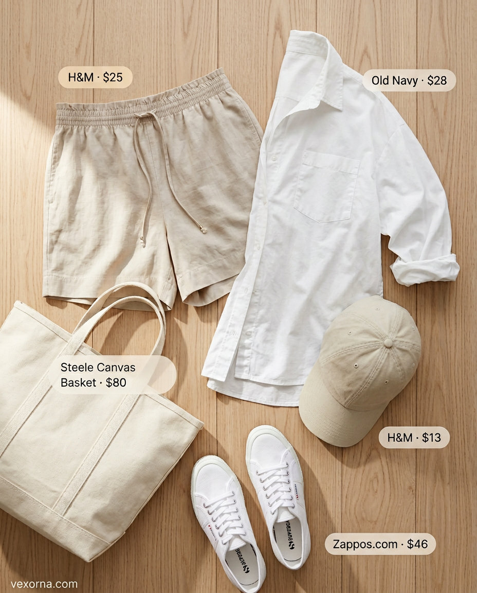 Minimal hot weather summer outfits for women 2026: Beige linen shorts, white shirt, canvas tote for casual comfort.