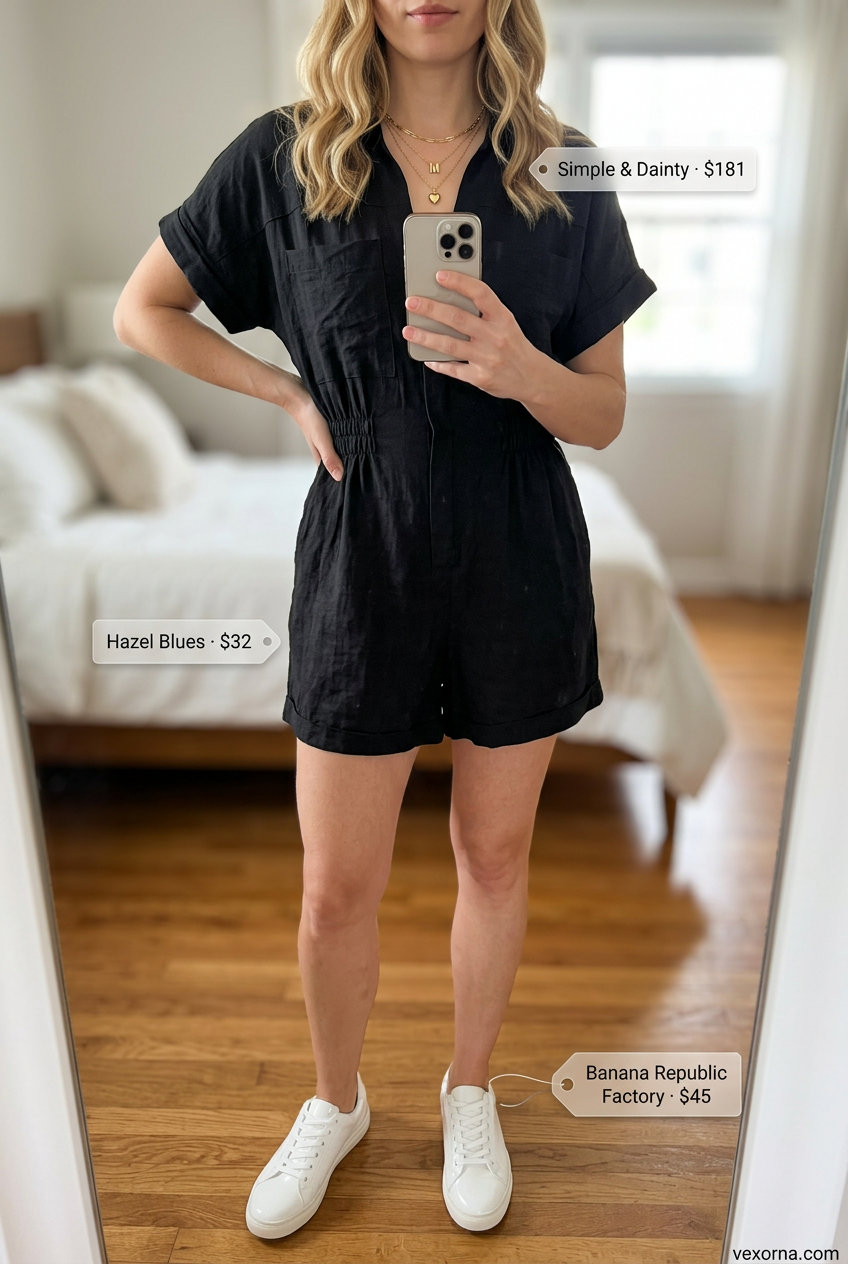 Minimal hot weather summer outfits for women 2026: Black romper, white sneakers, gold jewelry for effortless chic.