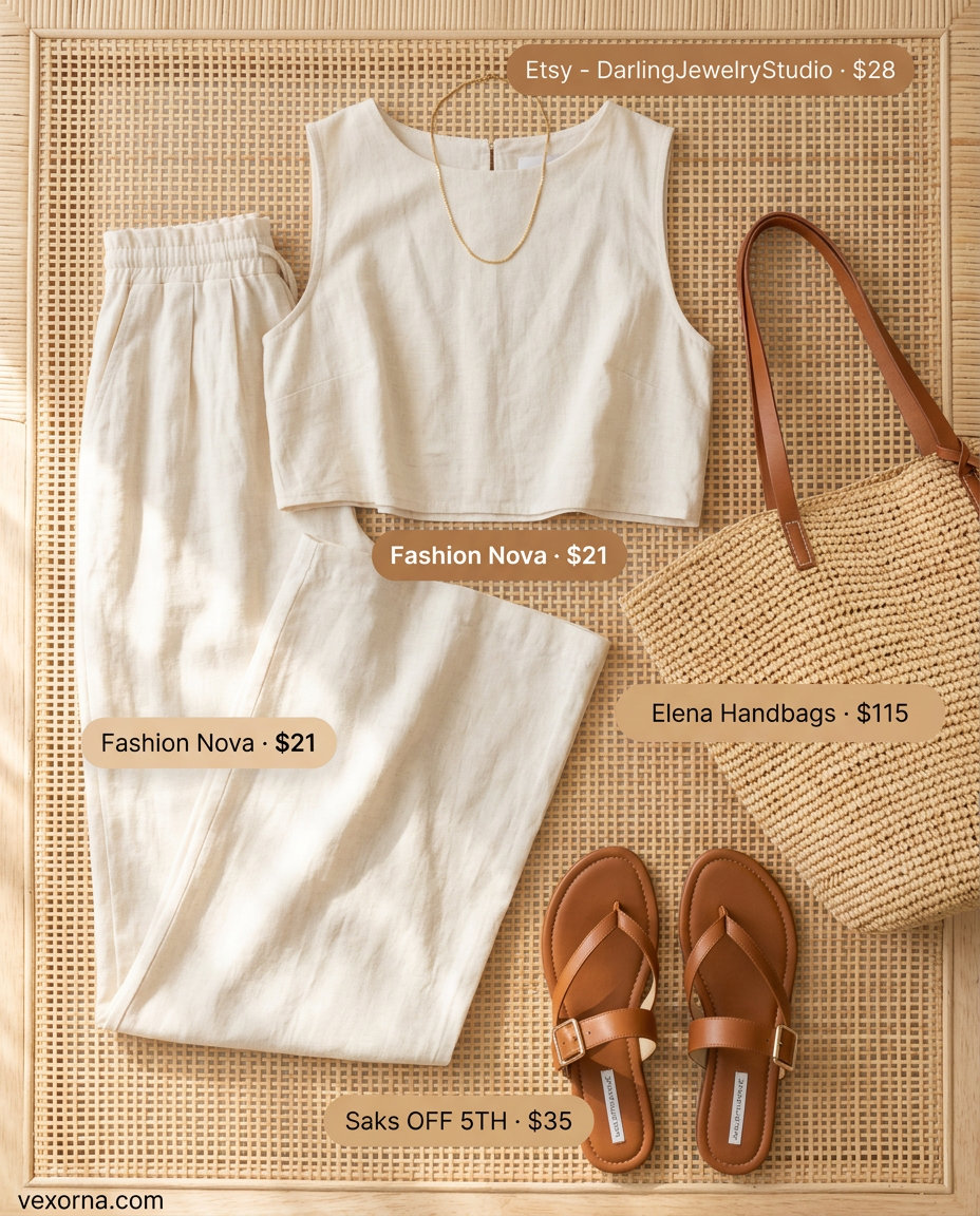 Minimal hot weather summer outfits for women 2026: Cream linen set, tan slides, straw bag for relaxed coastal vibes.