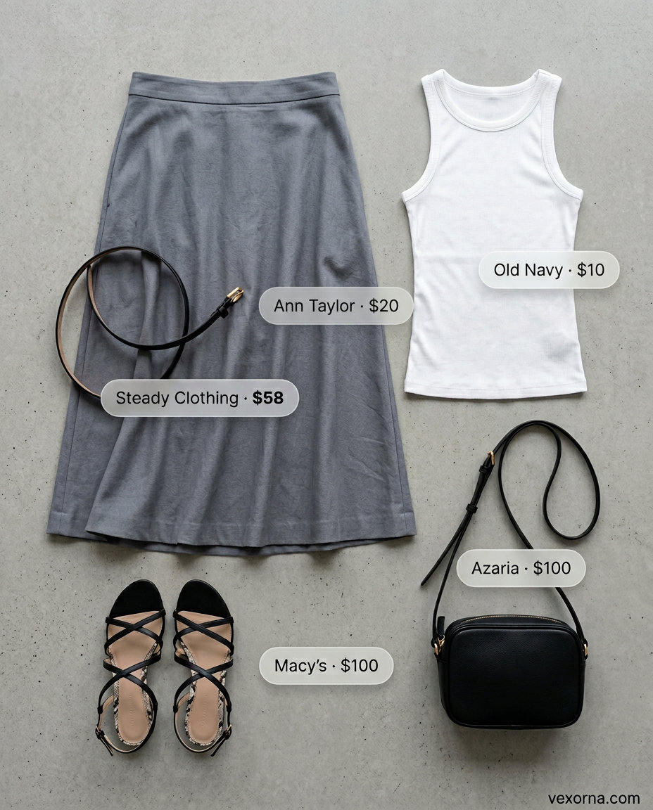 Minimal hot weather summer outfits for women 2026: Grey midi skirt, white tank, black belt & sandals for a chic day out.