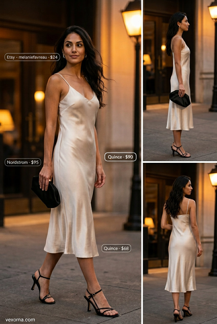 Minimal hot weather summer outfits for women 2026: Ivory slip dress, black heels, silver earrings for elegant evenings.