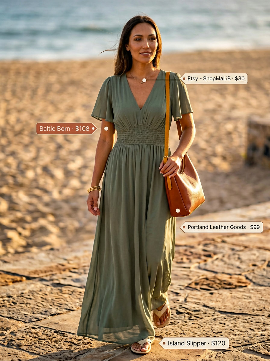 Minimal hot weather summer outfits for women 2026: Olive green maxi dress, cream sandals, gold bangles for relaxed boho.