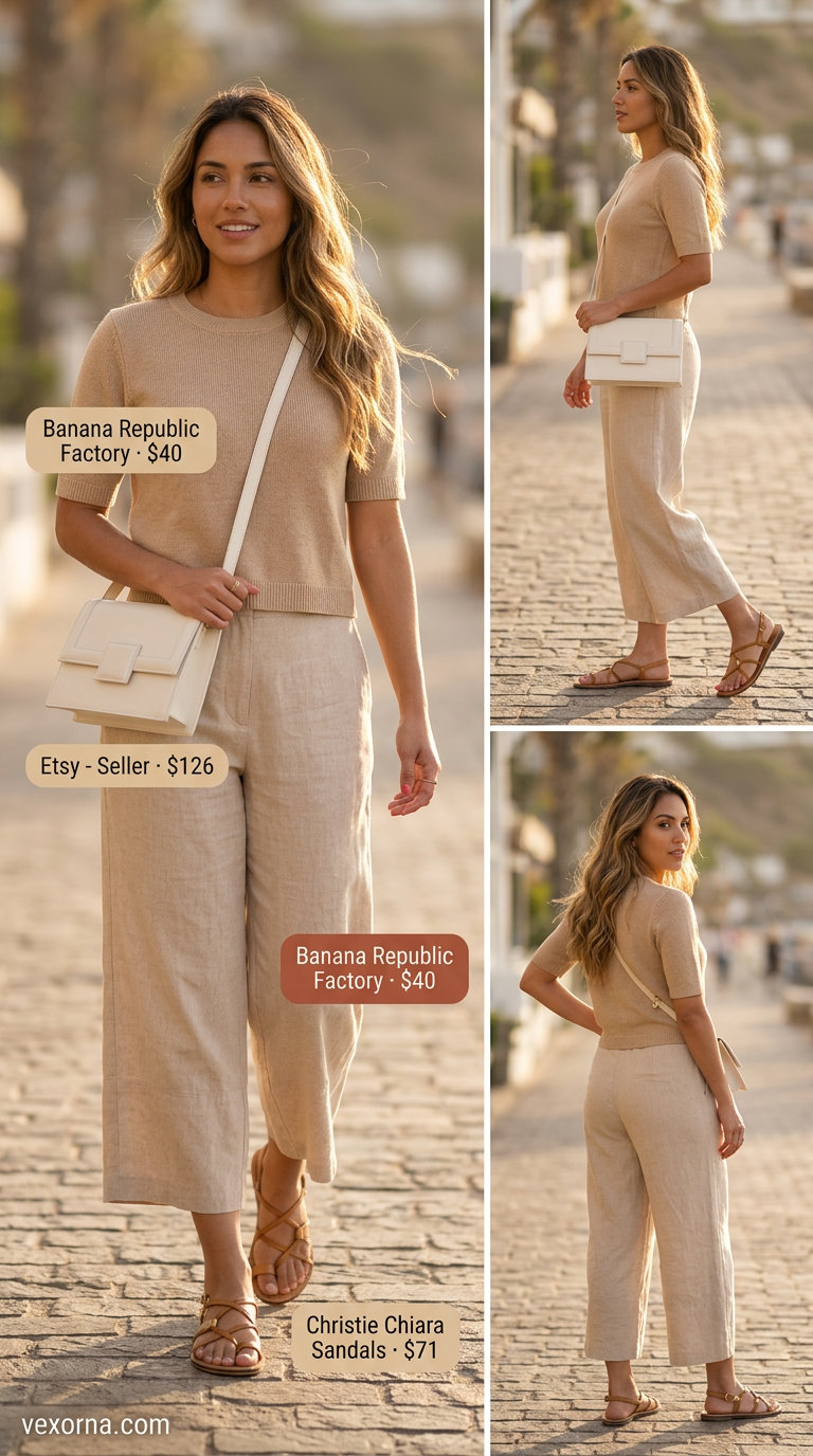Minimal hot weather summer outfits for women 2026: Sand linen set, tan sandals, gold jewelry for relaxed beach vibes.
