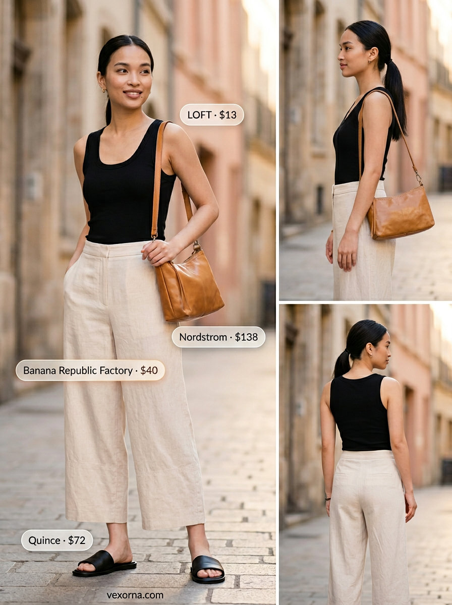 Cream linen culottes with black tank top for minimal hot weather summer outfits for women 2026.