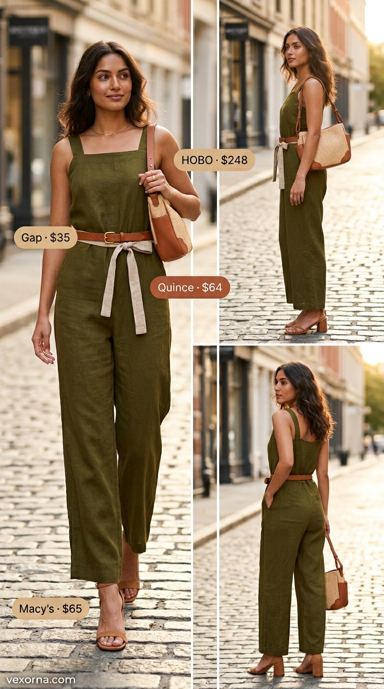 Olive green linen jumpsuit with tan leather sandals for minimal hot weather summer outfits for women 2026.