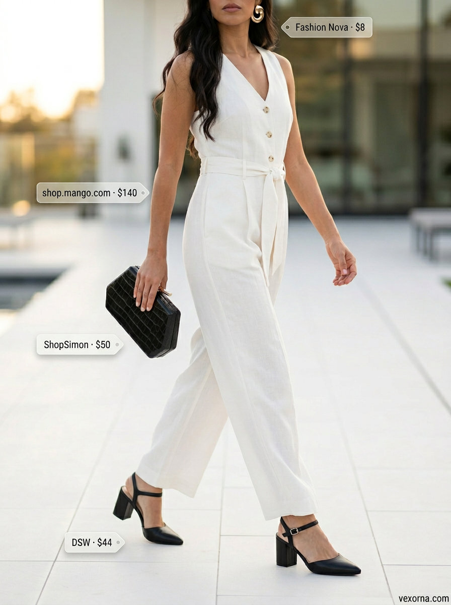 Minimal hot weather summer outfits for women 2026: White linen jumpsuit with black pumps, clutch, and gold statement earrings.