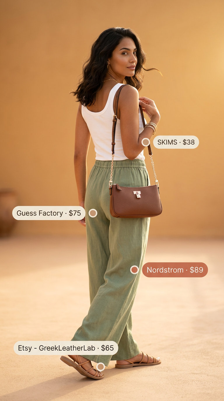 Minimal hot weather summer outfits for women 2026: Sage green linen pants with cream tank, gold necklace, and tan leather sandals.