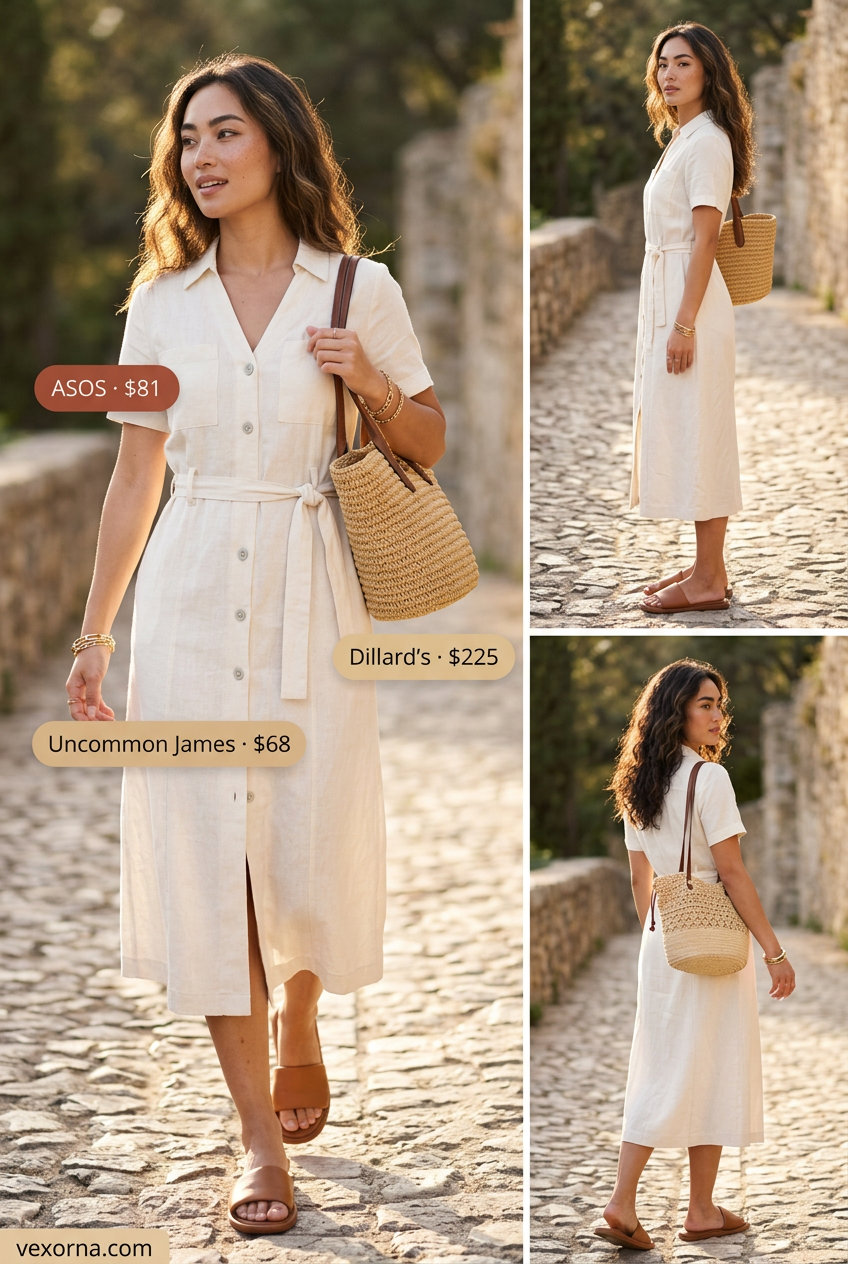 Minimal hot weather summer outfits for women 2026: Effortless ivory linen midi shirtdress with gold bracelets and straw tote.