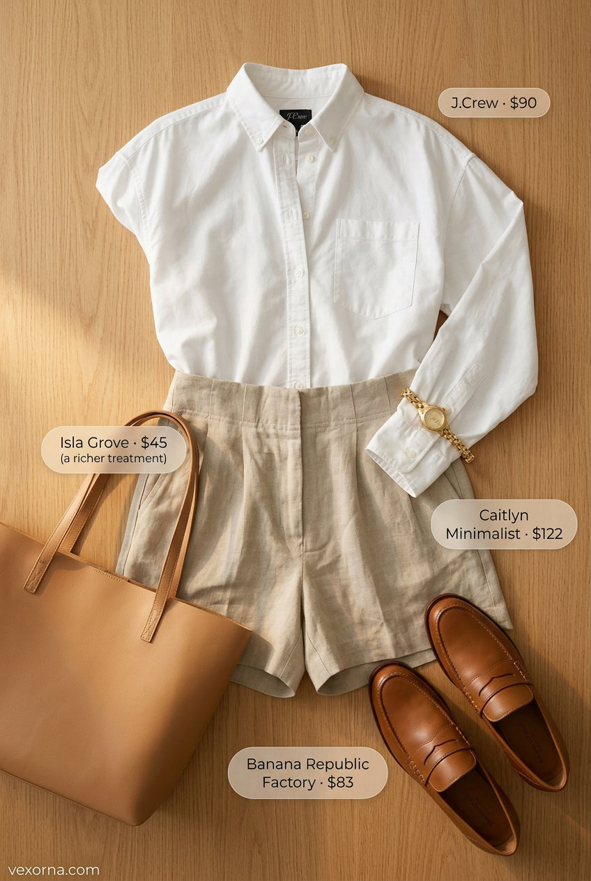 Minimal hot weather summer outfits for women 2026: Khaki linen shorts with white button-down, loafers, and leather tote.