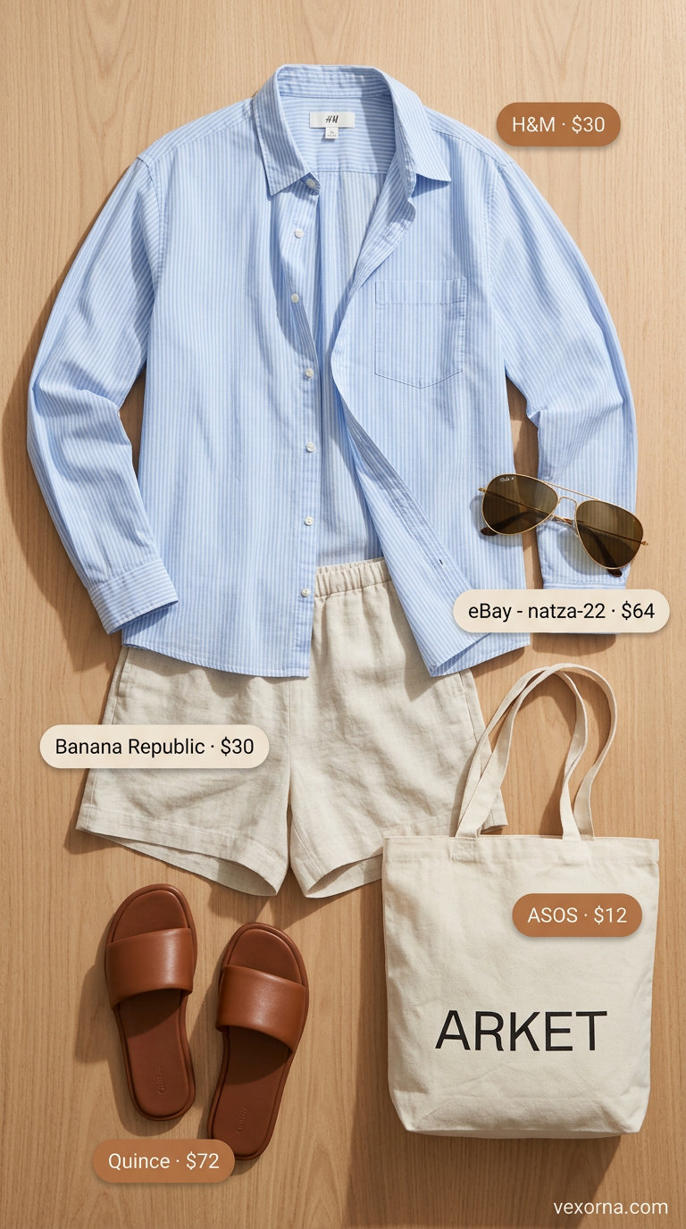 Linen shorts with blue stripe shirt for minimal hot weather summer outfits for women 2026.