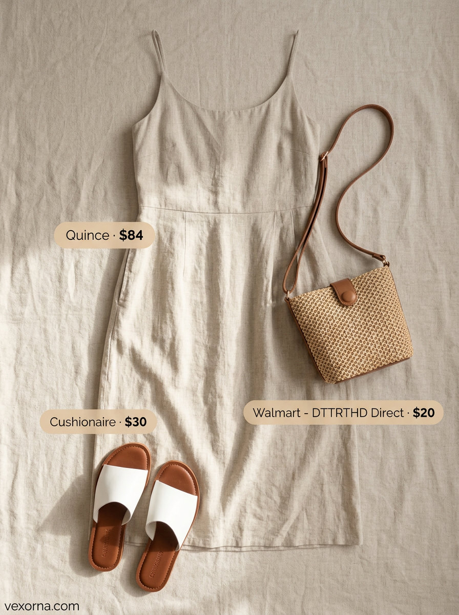 Minimal hot weather summer outfits for women 2026: Beige linen sundress with straw hat, crossbody bag, and white leather slides.