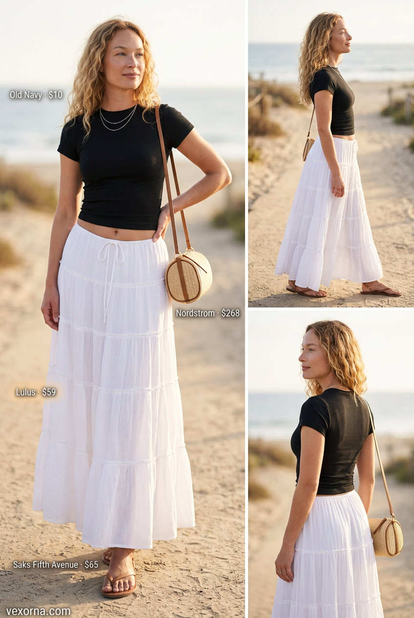 Minimal hot weather summer outfits for women 2026: White tiered maxi skirt with black crop top, sandals, and straw bag.