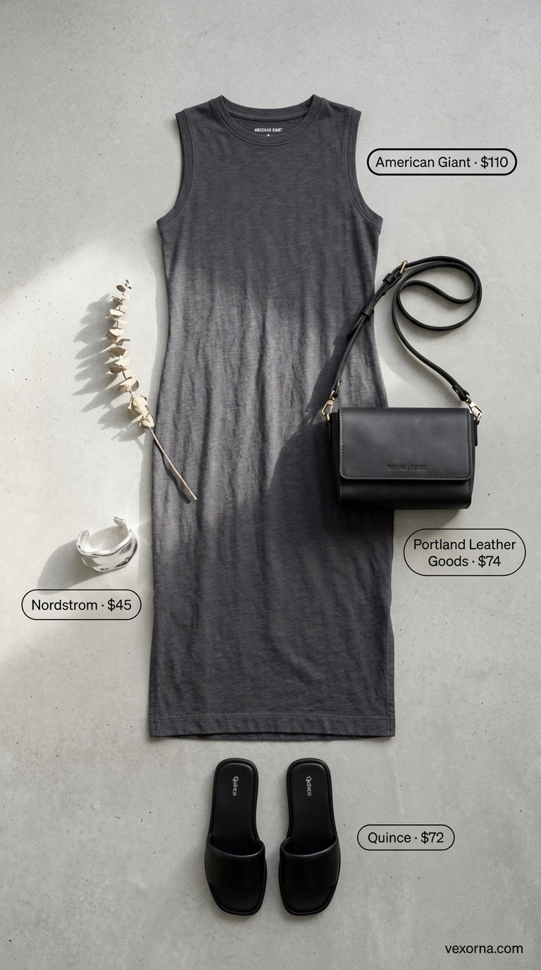Charcoal grey linen tank dress with black slides for minimal hot weather summer outfits for women 2026.