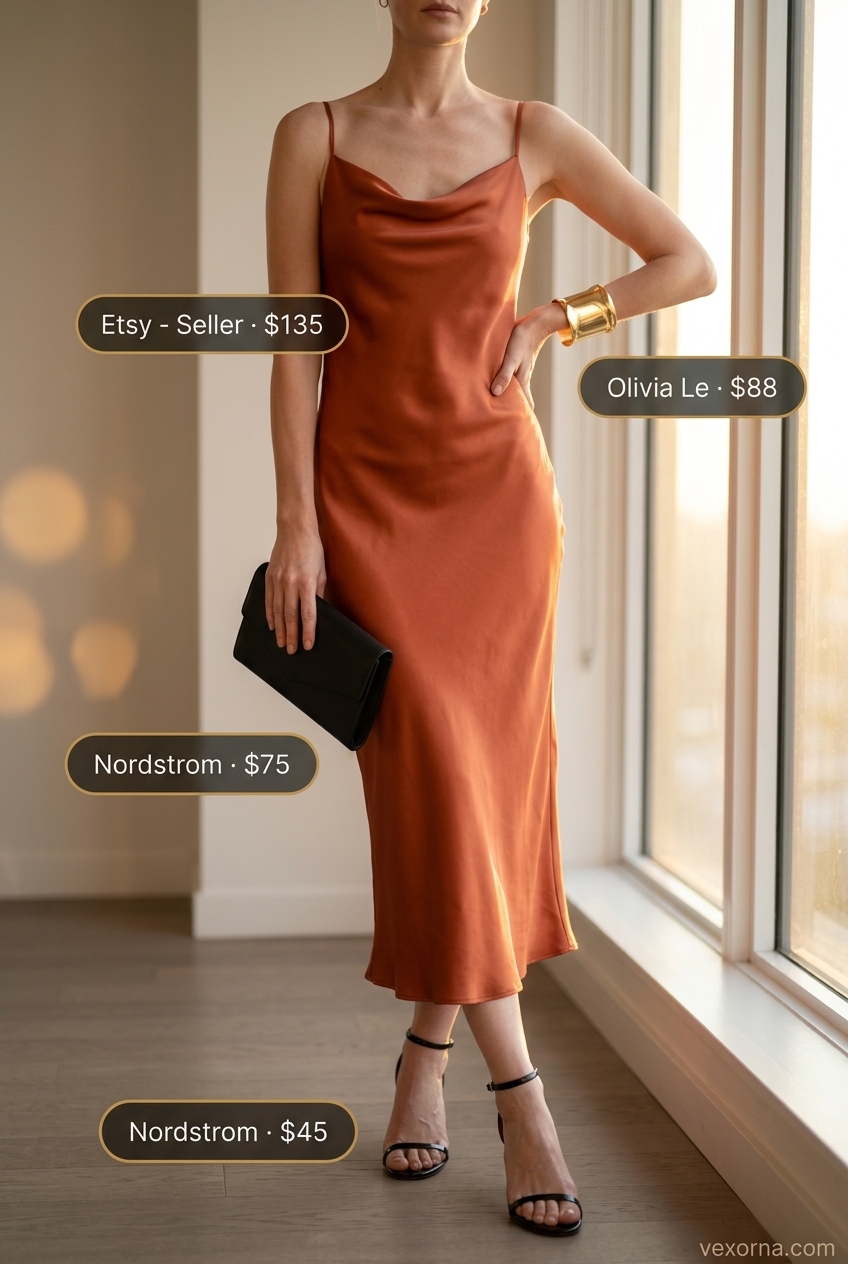 Minimal hot weather summer outfits for women 2026: Terracotta slip dress with black heeled sandals, clutch, and gold cuff.