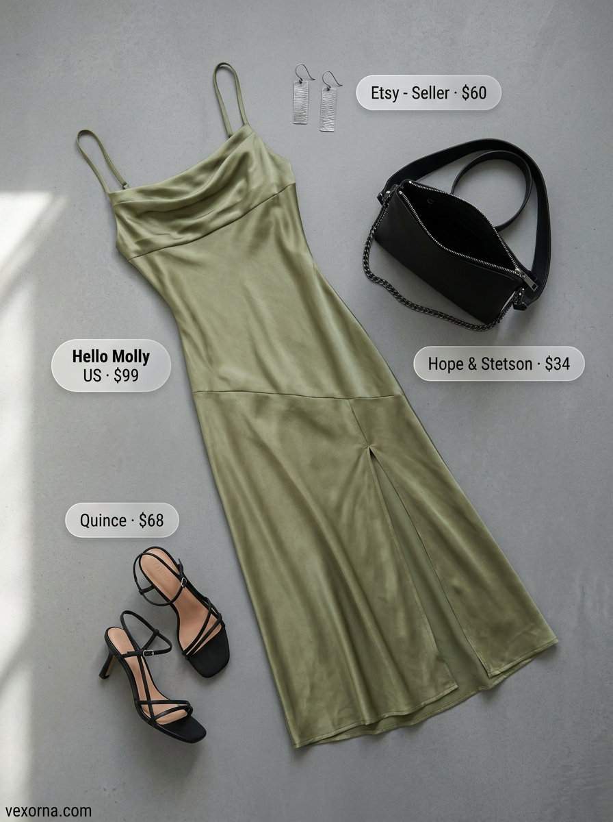 Olive green slip dress with heeled sandals for minimal hot weather summer outfits for women 2026.
