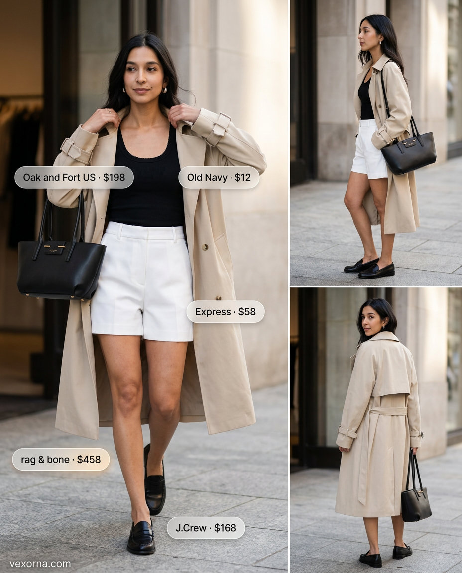 White tailored shorts with black tank and trench for minimal hot weather summer outfits for women 2026.
