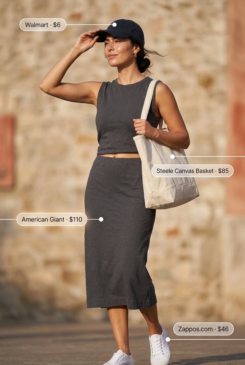 Charcoal grey cotton tank dress with white sneakers for minimal hot weather summer outfits for women 2026.