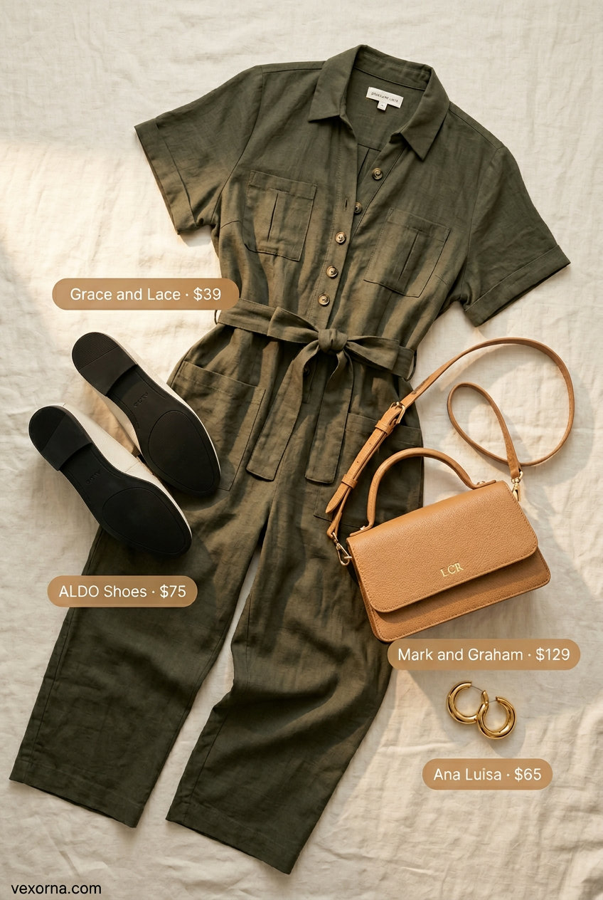 Khaki green utility jumpsuit with leather loafers for minimal hot weather summer outfits for women 2026.