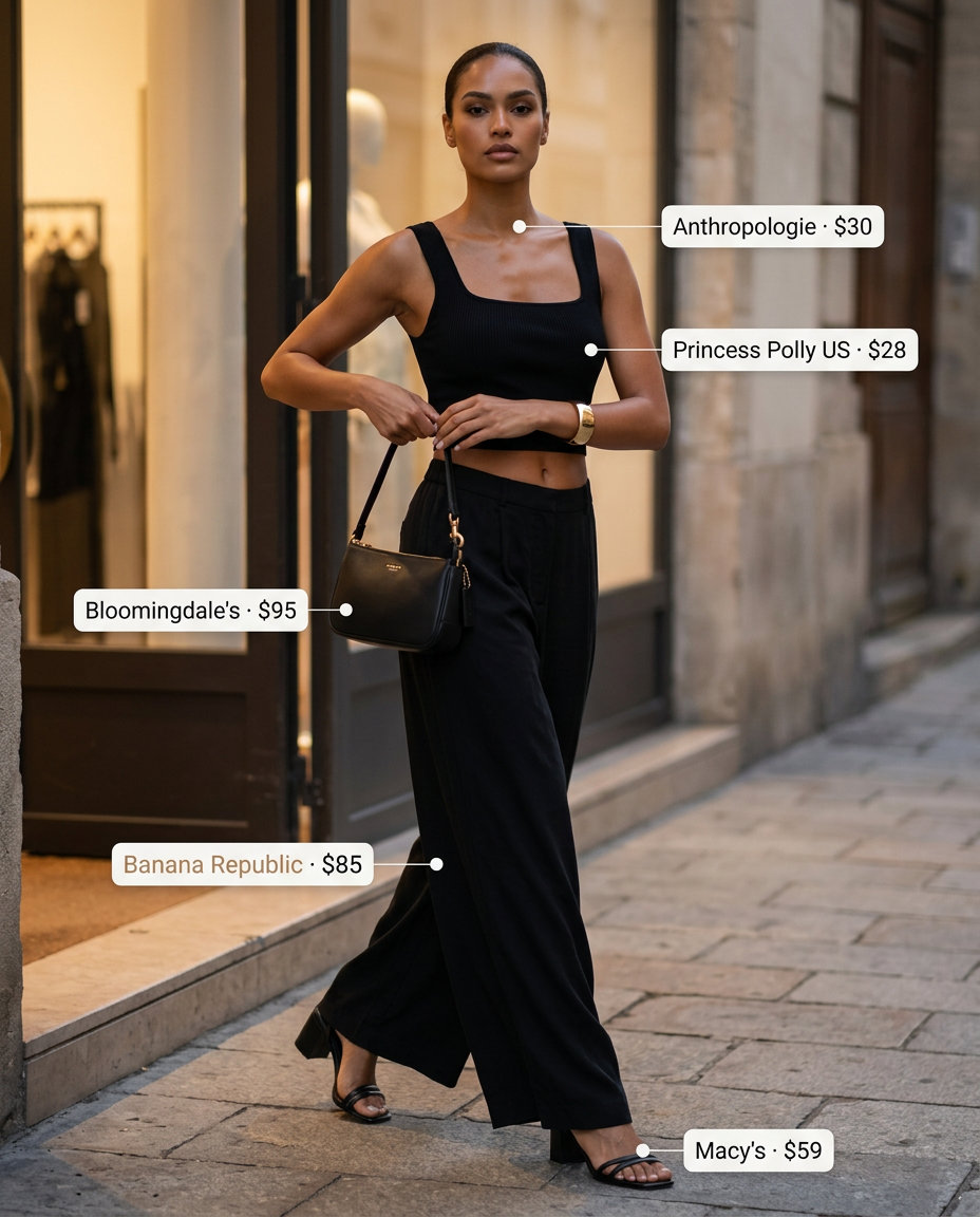 Minimal hot weather summer outfits for women 2026: Black wide-leg pants with white crop top, heeled sandals, and shoulder bag.