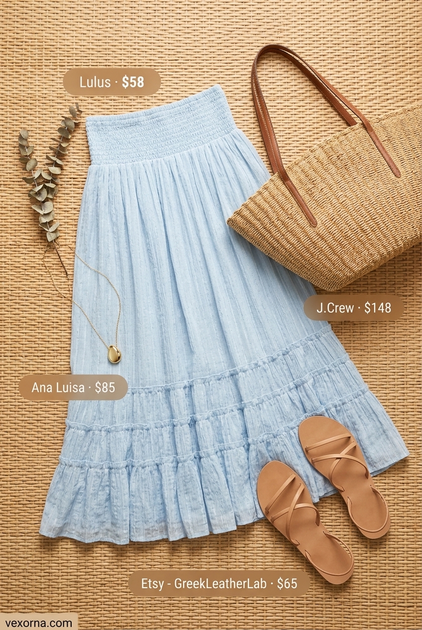 Monochrome blue summer outfits for women 2026: Light blue midi skirt, white tank, flat sandals for a relaxed vibe.