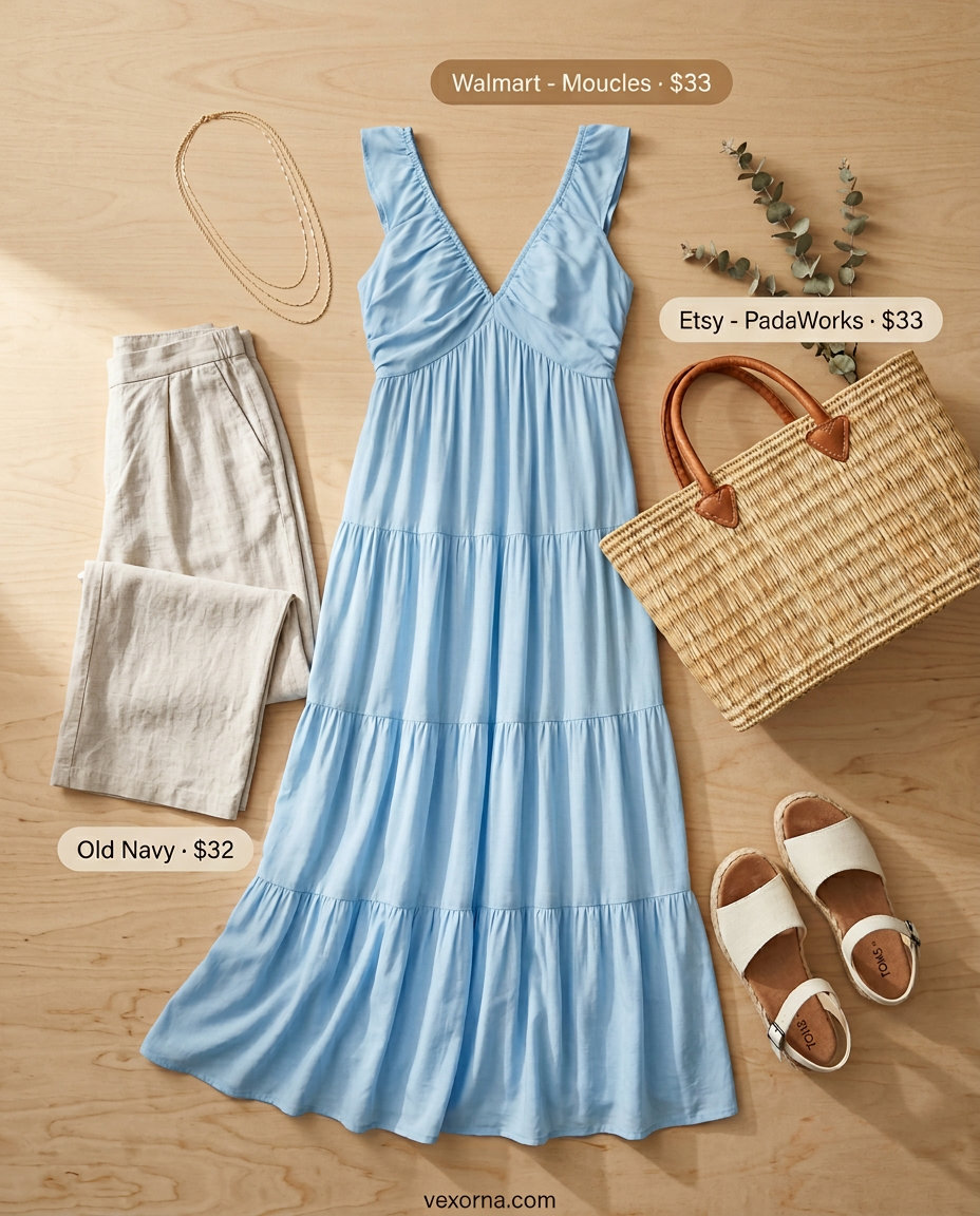 Monochrome blue summer outfits for women 2026: Sky blue maxi dress, linen pants for a relaxed vacation look.