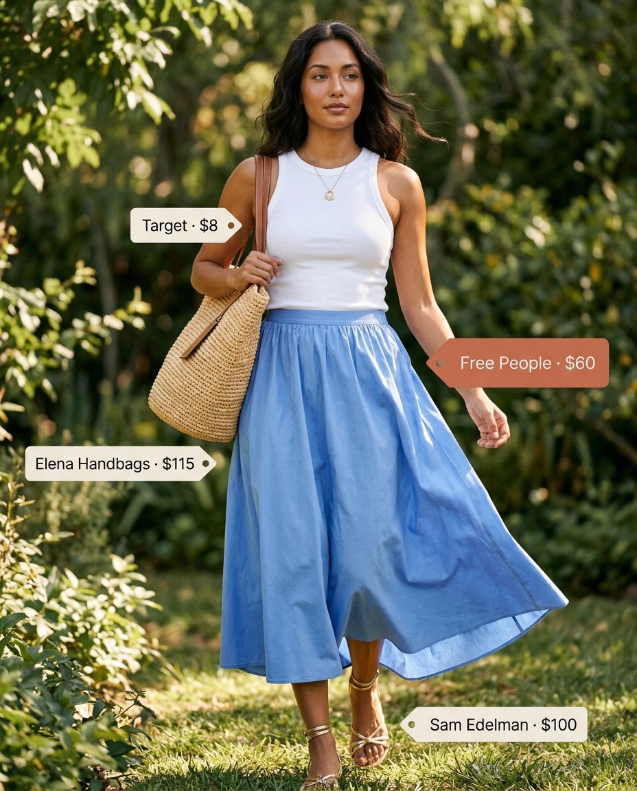 Monochrome blue summer outfits for women 2026: Cornflower blue midi skirt, white tank, espadrilles for a garden party.