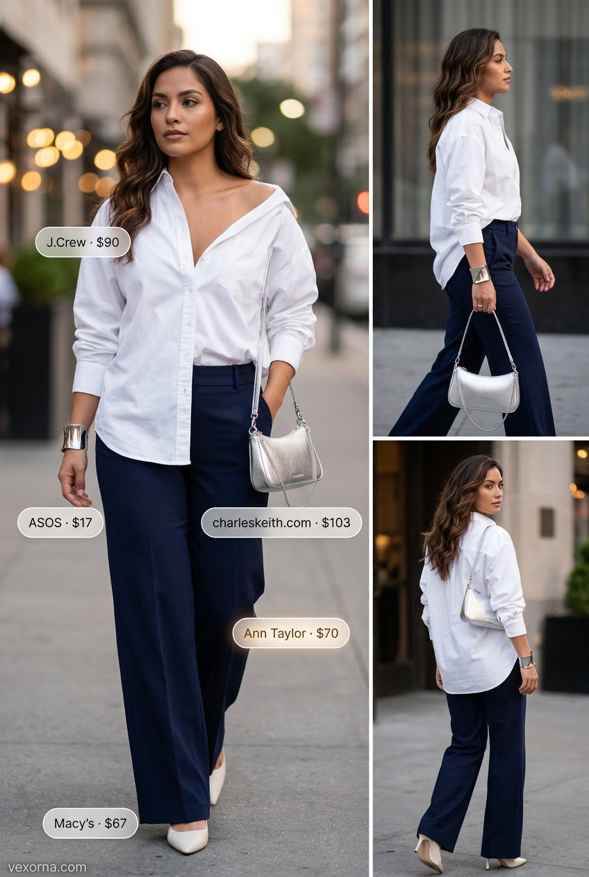Monochrome blue summer outfits for women 2026: Navy wide-leg trousers, white shirt for business casual.