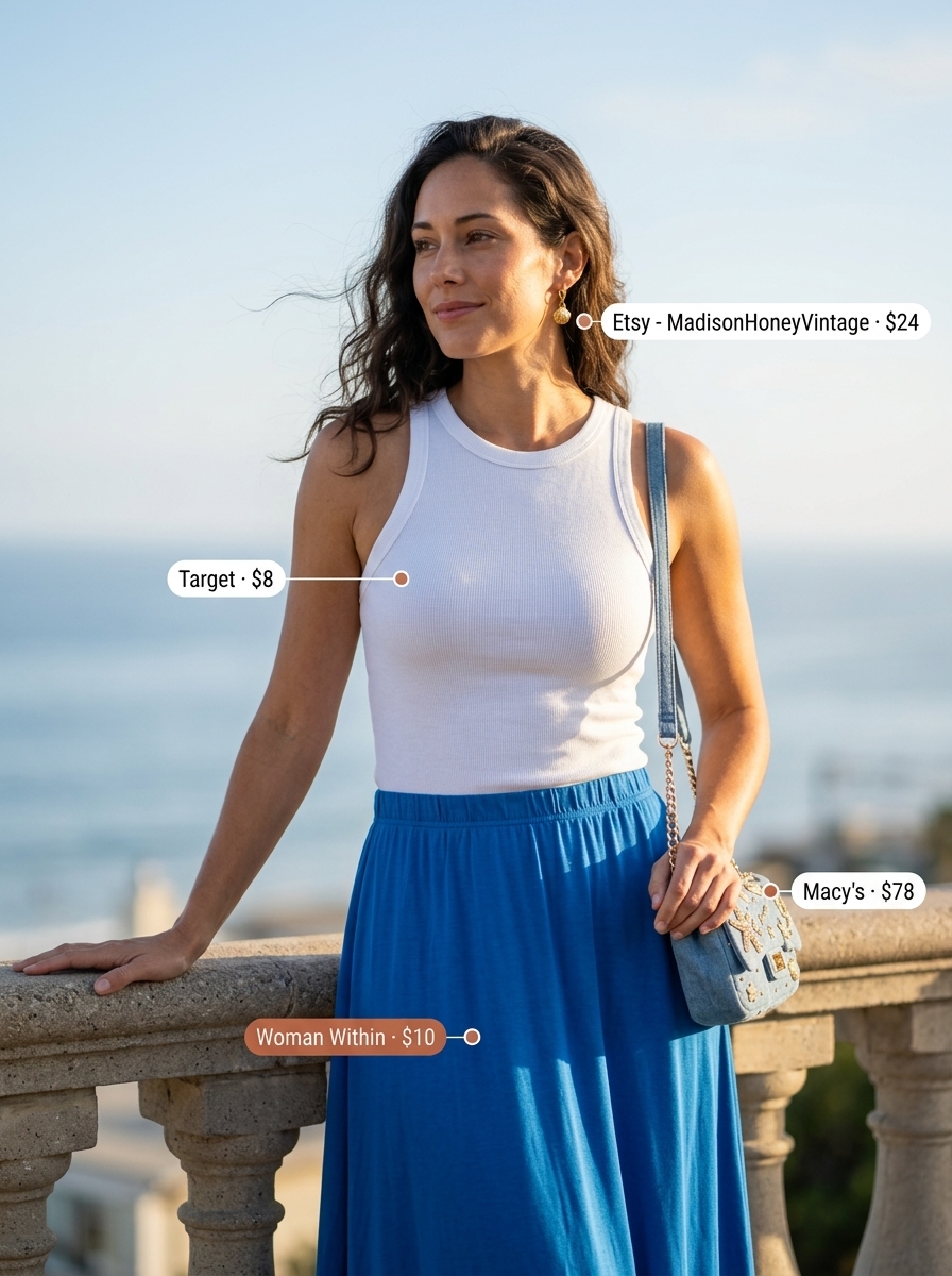 Monochrome blue summer outfits for women 2026: Cerulean blue knit maxi skirt, white graphic tee, and leather sandals.