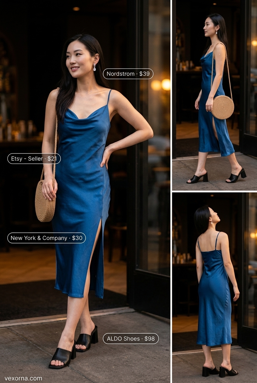 Monochrome blue summer outfits for women 2026: Cerulean blue slip dress, silver clutch, and heeled mules for evening.