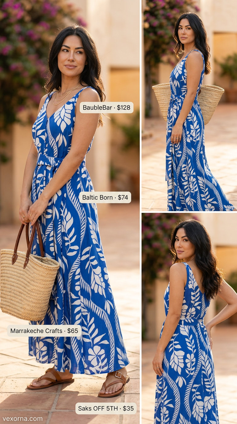 Monochrome blue summer outfits for women 2026: Cobalt blue maxi dress, tan sandals, and straw tote for beach.