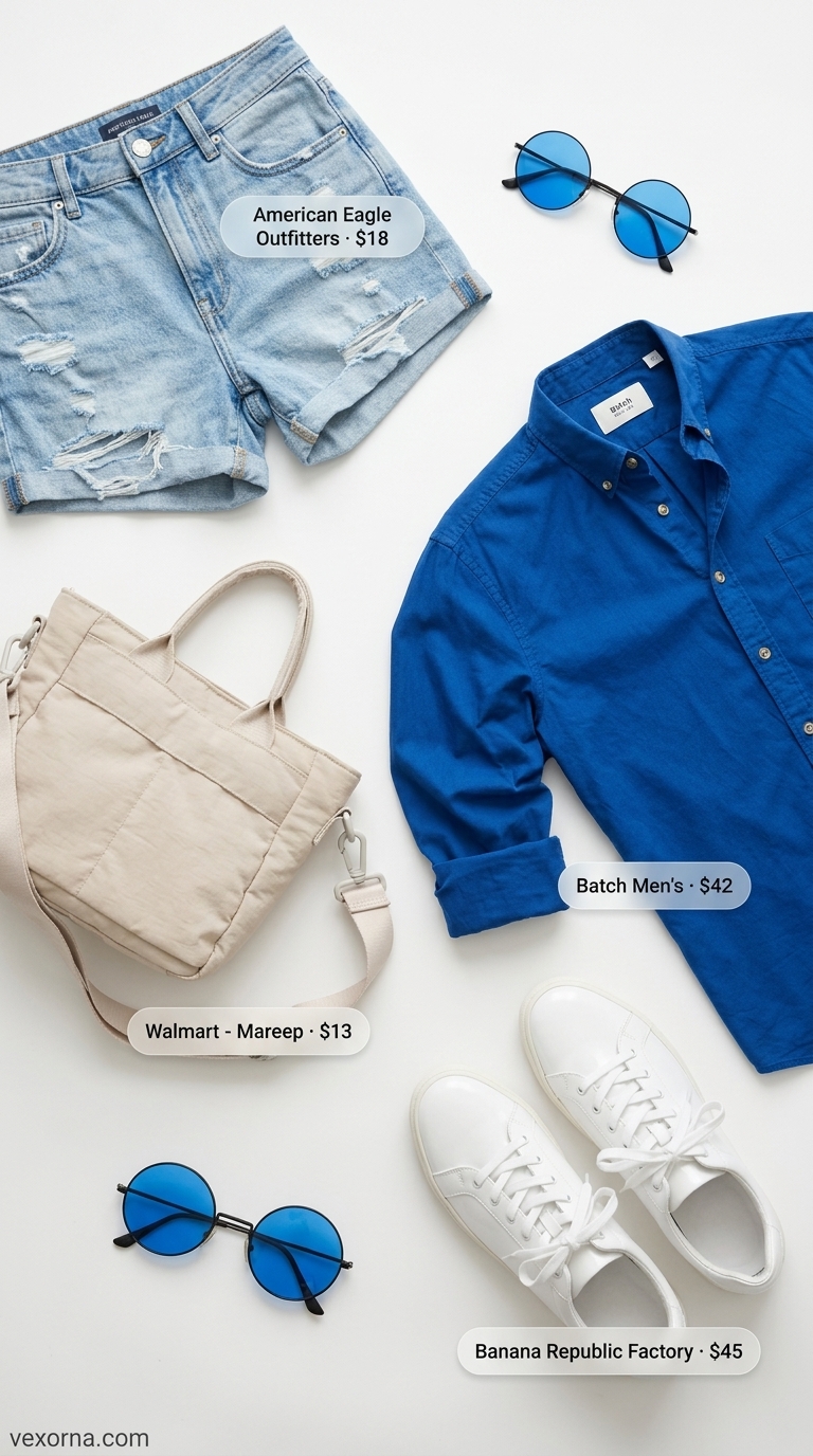 Monochrome blue summer outfits for women 2026: Cobalt blue denim shorts, oversized shirt, and white sneakers for daytime.