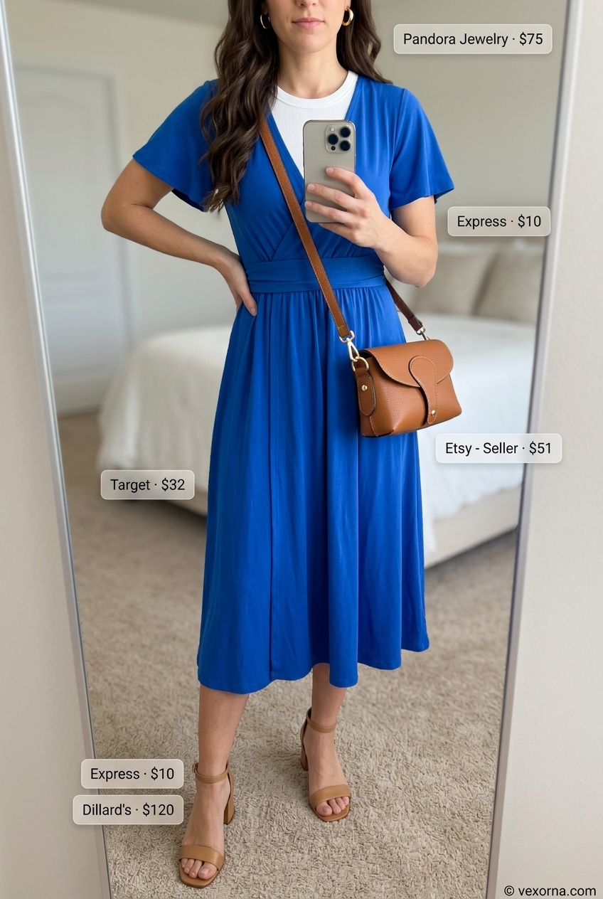 Monochrome blue summer outfits for women 2026: Cobalt blue wrap dress, tan sandals, and gold bangles for brunch.
