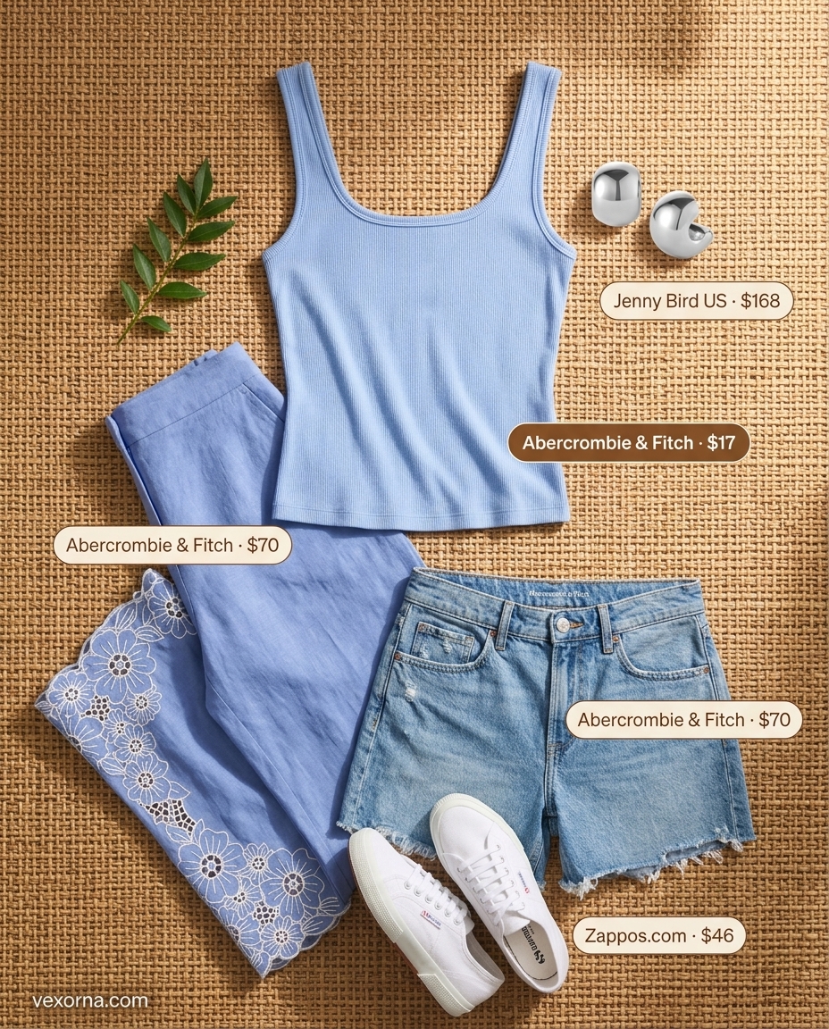 Monochrome blue summer outfits for women 2026: Denim shorts, sky blue linen shirt, and white cap for casual errands.